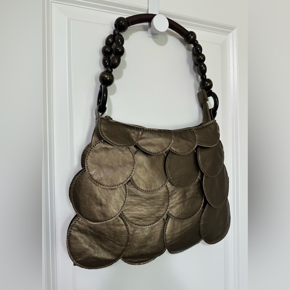Vintage Elegant Circle Flap Wooden Beaded Handle Shoulder Handbag - Picture 2 of 13